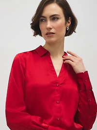 Johnny Collar Satin-Like Blouse