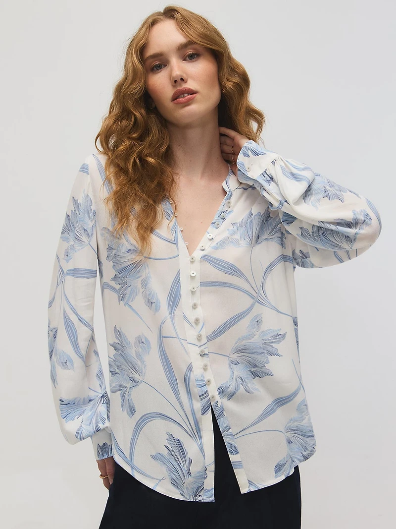 Floral Split Collar Popover Blouse
