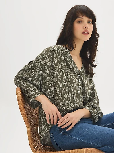 Geo Print Split-Neck Blouse