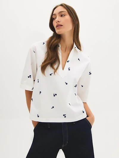 Blouse en mélange de coton avec fleurs brodées