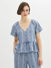 Blouse péplum à rayures en mélange de lin