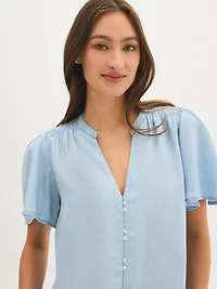 Denim Flowy Short Sleeve Blouse