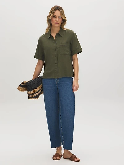 Linen-Blend Short Sleeve Blouse