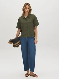 Linen-Blend Short Sleeve Blouse