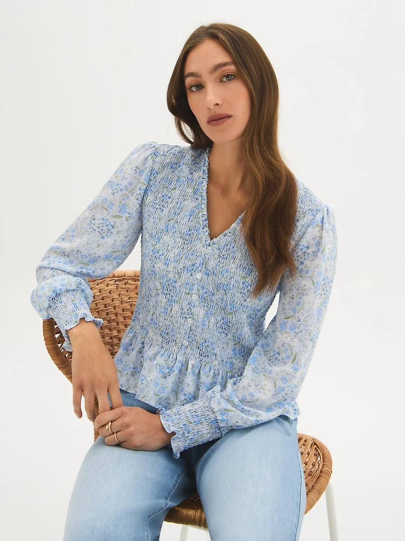Floral Smocked Chiffon Blouse