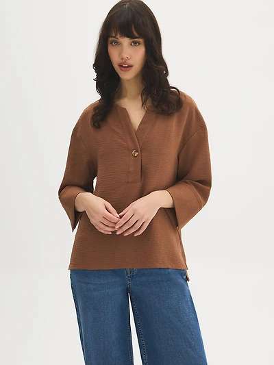 3/4 Sleeve Split-Neck Blouse