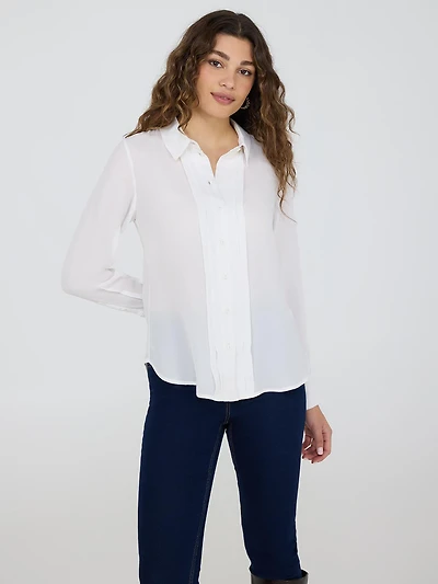Pintuck Button-Front Chiffon Blouse