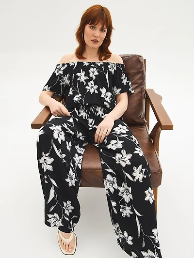 Haut froissé à épaules dénudées et motif floral