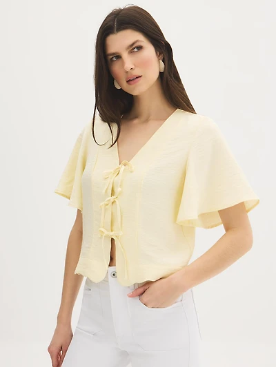 Flutter Sleeve Tie-Front Blouse