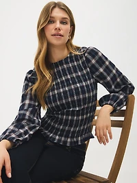 Haut en mélange de coton à carreaux et fronces