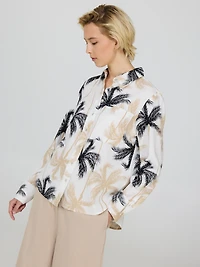 Tropical Print Button-Up Linen Shirt