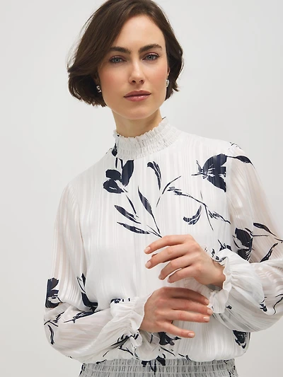 Floral Mock Neck Smocked Top