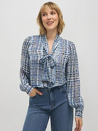 Plaid Tie-Neck Popover Blouse
