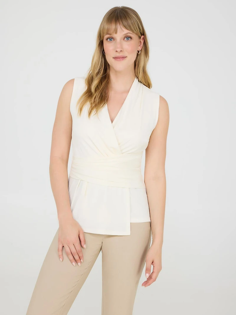 Sleeveless Crossover Top With Pleating