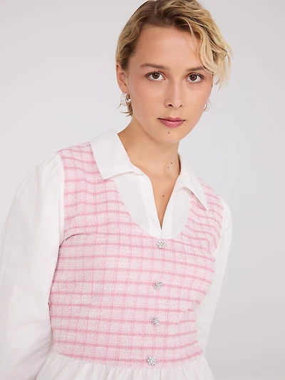 2-Fer Plaid Boucle Vest With Cotton Blouse