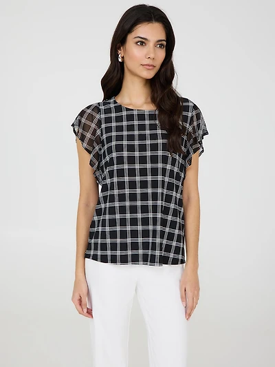 Plaid Print Mesh Flutter Sleeve Top
