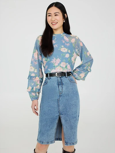 Floral Print Mesh Top With Ruffle Details