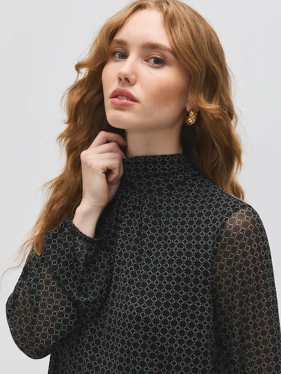 Geo Print Mesh Mock Neck Top