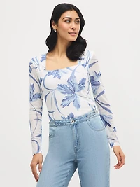 Haut en maille fleurie à col carré