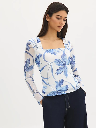 Floral Square Neck Mesh Top