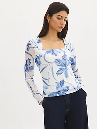 Floral Square Neck Mesh Top