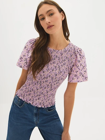 Cotton Ditsy Print Smocked Top