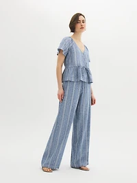 Pantalon en mélange de lin à rayures