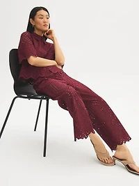 Pantalon à jambe large en coton ajouré