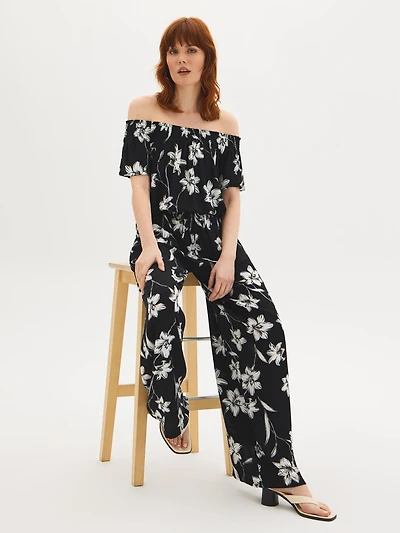 Pantalon à jambe large en gaze froissée et motif floral