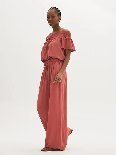 Pantalon à jambe large en gaze froissée