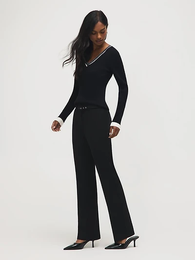 Belted Crepe Flare Leg Pants