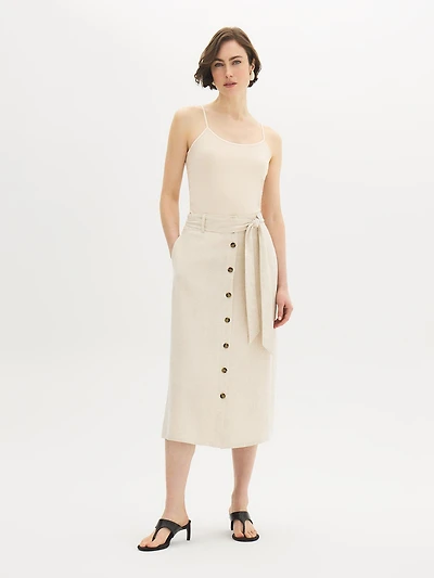 Jupe mi-longue boutonnée sur le devant en mélange de lin