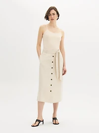 Jupe mi-longue boutonnée sur le devant en mélange de lin