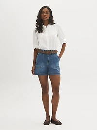 Cotton-Blend Belted Denim Shorts
