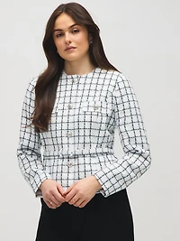 Blazer en tricot bouclé sans col et ceinturé