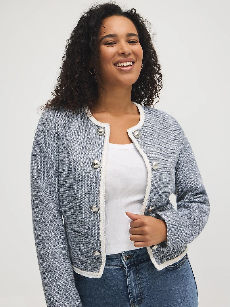 Contrast Trim Cropped Boucle Blazer