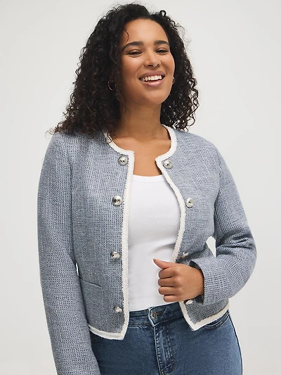 Contrast Trim Cropped Boucle Blazer
