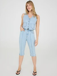 Front Pintuck Denim Capri Pants
