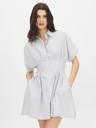 Cotton-Blend Striped Mini Shirt Dress