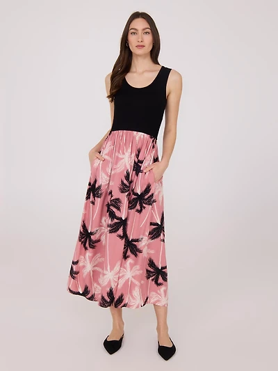 Scoop Neck Midi Dress With Floral Skirt