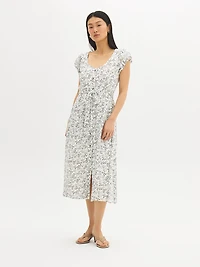 Robe mi-longue boutonnée à imprimé feuilles