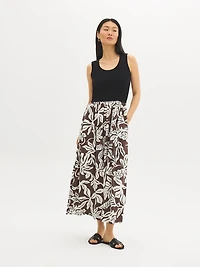 Robe mi-longue à col rond et imprimé feuilles