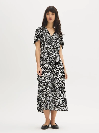Ditsy Print V-Neck Midi Dress