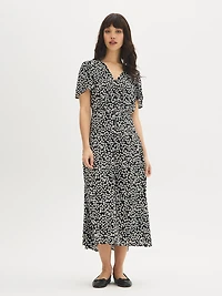 Ditsy Print V-Neck Midi Dress