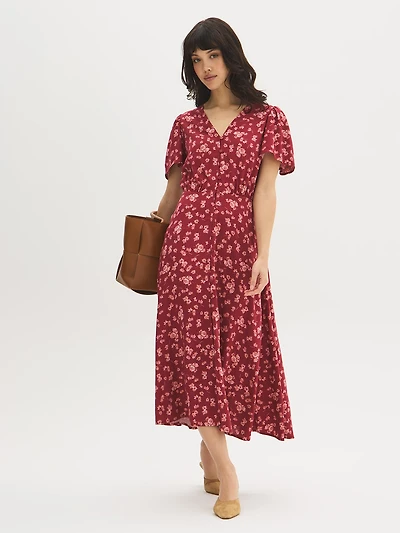 Floral Print V-Neck Midi Dress