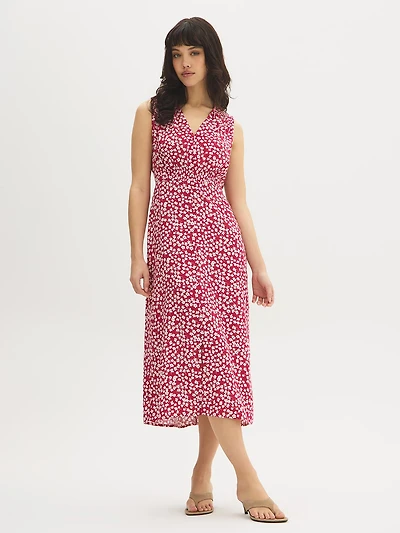 Robe mi-longue smockée à décolleté en V et motif floral