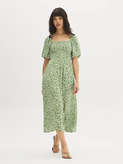 Robe longue imprimée à détails smockés