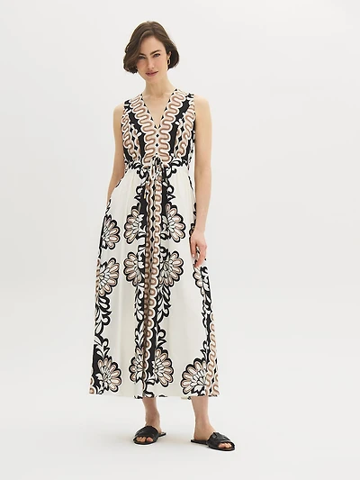 Printed Textured V-Neck Midi Dress