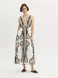 Printed Textured V-Neck Midi Dress