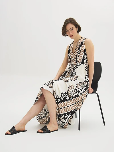 Printed V-Neck Midi Dress